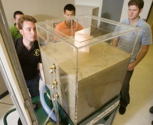 Liquification Tank CLA-A model of the CLA building stands in a liquification tank built by civil engineering majors at Cal Poly Pomona June 8, 2007.